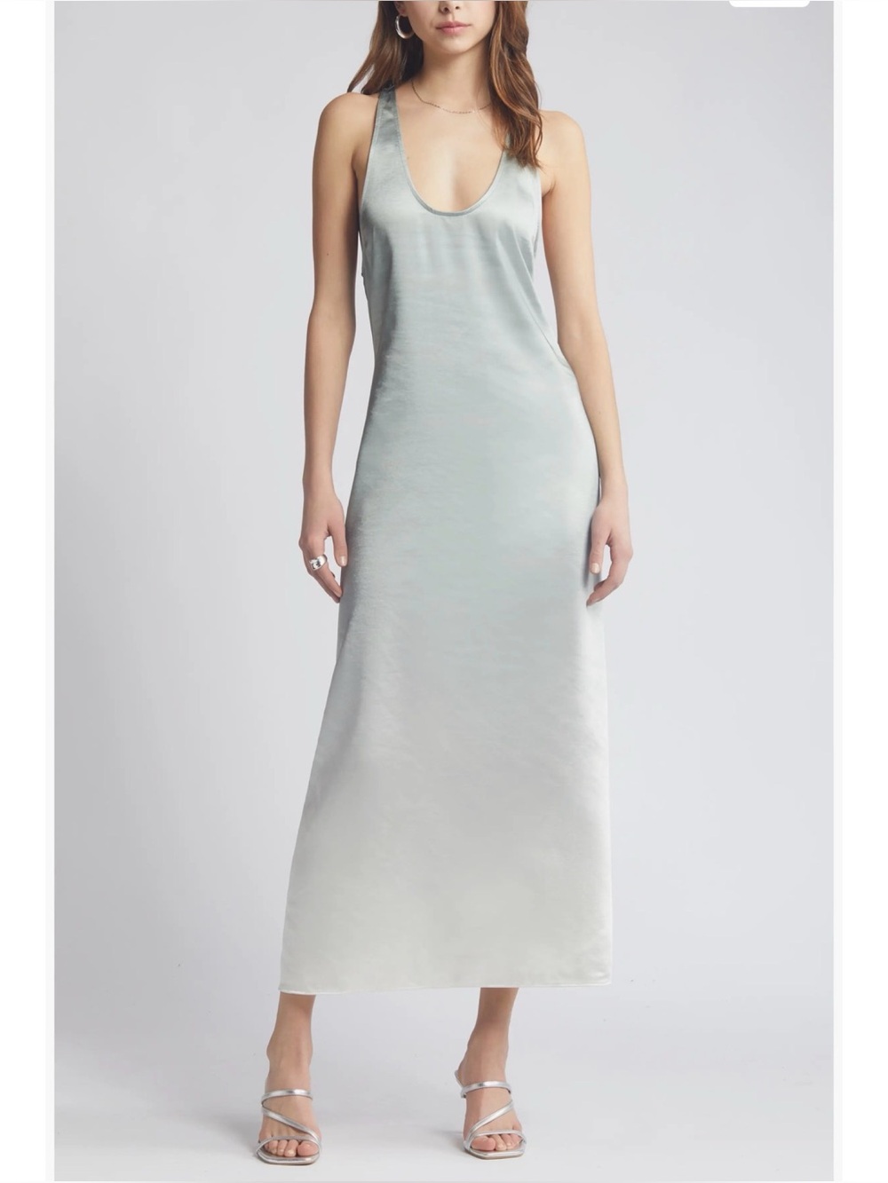 NEW Open Edit Satin Racerback Maxi Dress Scoop Neck Ombré Sage Green Size XXS